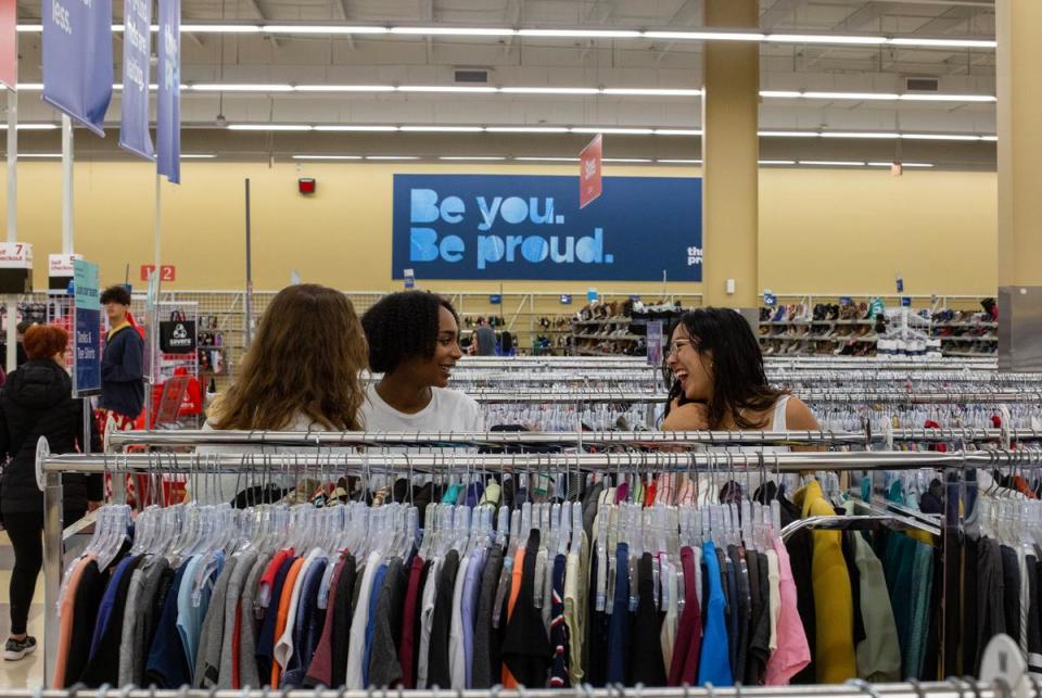 Topher Malone, a student advocate for transgender youth, shops for prom dresses with her friends at a thrift shop in Round Rock, Texas on Apr. 7, 2023. Malone testified at the Capitol against HB 1686, a bill prohibiting gender affirming care for minors. “I think it’s really important that, as trans youth, we really speak up and represent ourselves,” Malone said. “I did skip all the school on that Monday, in order to be there, and I stayed there for 17 hours at the Capitol, just to testify.”