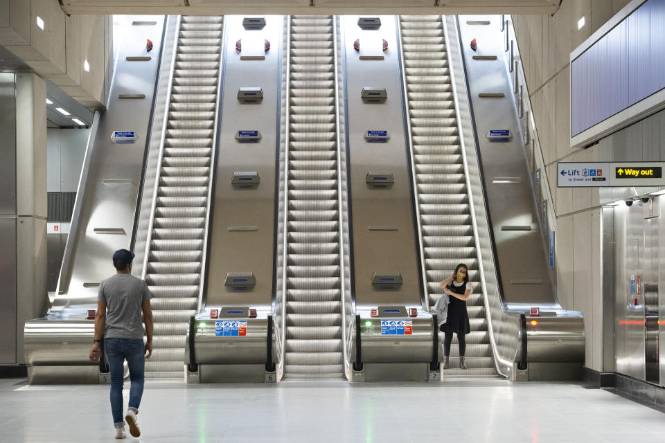 <p>A view of the escalators at the newly opened Battersea Power Station on the Northern Line Extension. Two new tube stations, Nine Elms and Battersea Power Station, on the extension of the Northern line have opened to the public. Picture date: Monday September 20, 2021.</p>

