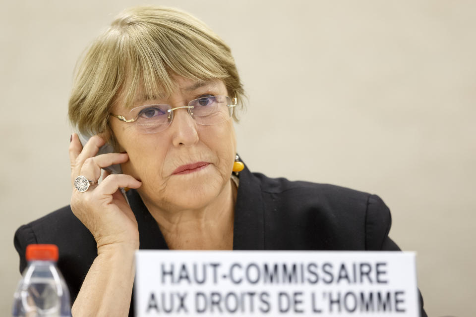 U.N. High Commissioner for Human Rights, Michelle Bachelet, attends the opening of 42nd session of the Human Rights Council at the European headquarters of the United Nations in Geneva, Switzerland, Monday, Sept. 9, 2019. (Salvatore Di Nolfi/Keystone via AP)