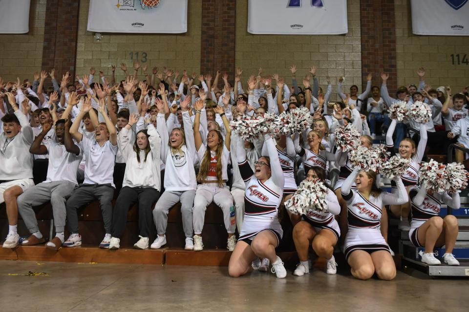 Brandon Valley students and cheerleaders cheer for the team on Thursday, March 7, 2024 at Sanford Pentagon in Sioux Falls.