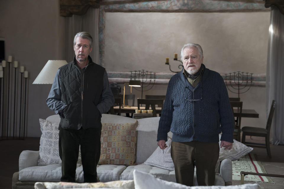 This image released by HBO shows Alan Ruck, left, and Brian Cox in a scene from "Succession." The program was named one of the top ten TV shows of 2018 by the Associated Press. (Ursula Coyote/HBO via AP)