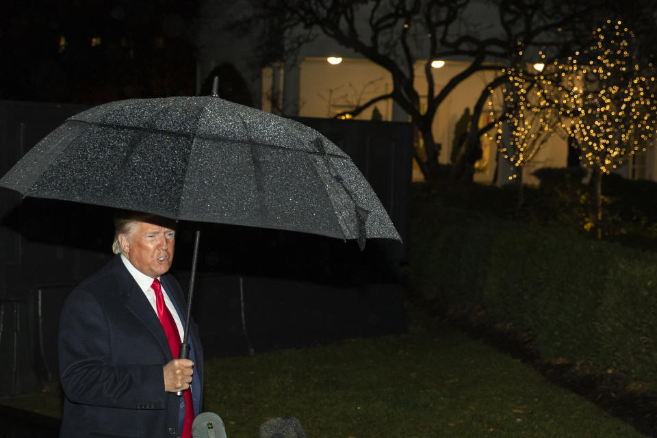 President Donald Trump speaks with reporters on the South Lawn of the White House Tuesday, Dec. 10, 2019, in Washington, before departing for a campaign rally in Hershey, Pa. (AP Photo/Manuel Balce Ceneta)