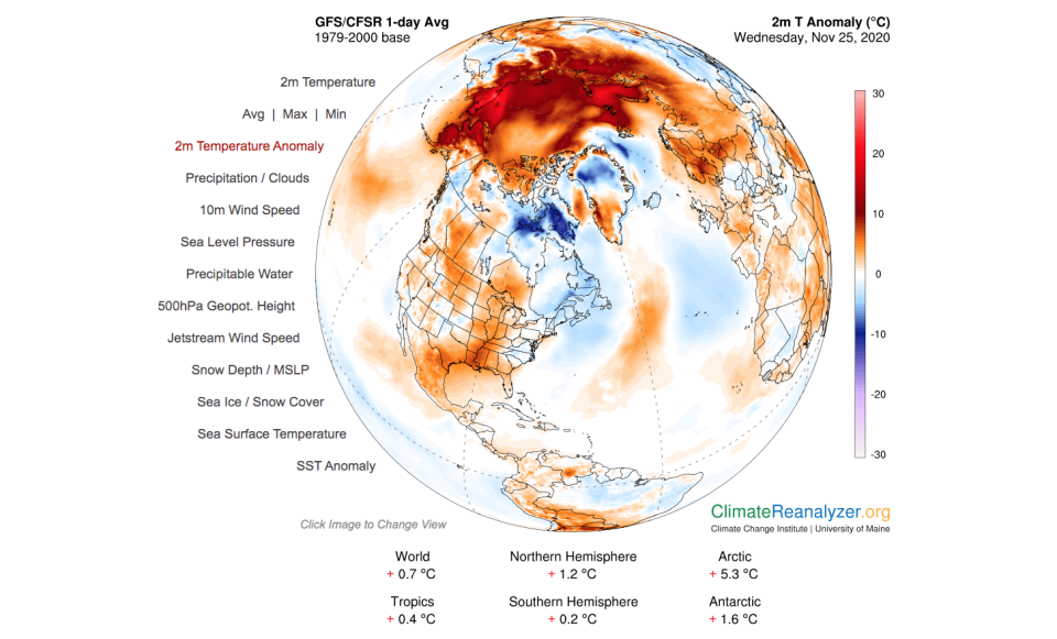 Today’s global weather, with the Arctic 5.3C above average. Areas more than 20C higher than average are marked with bright redUniversity of Maine