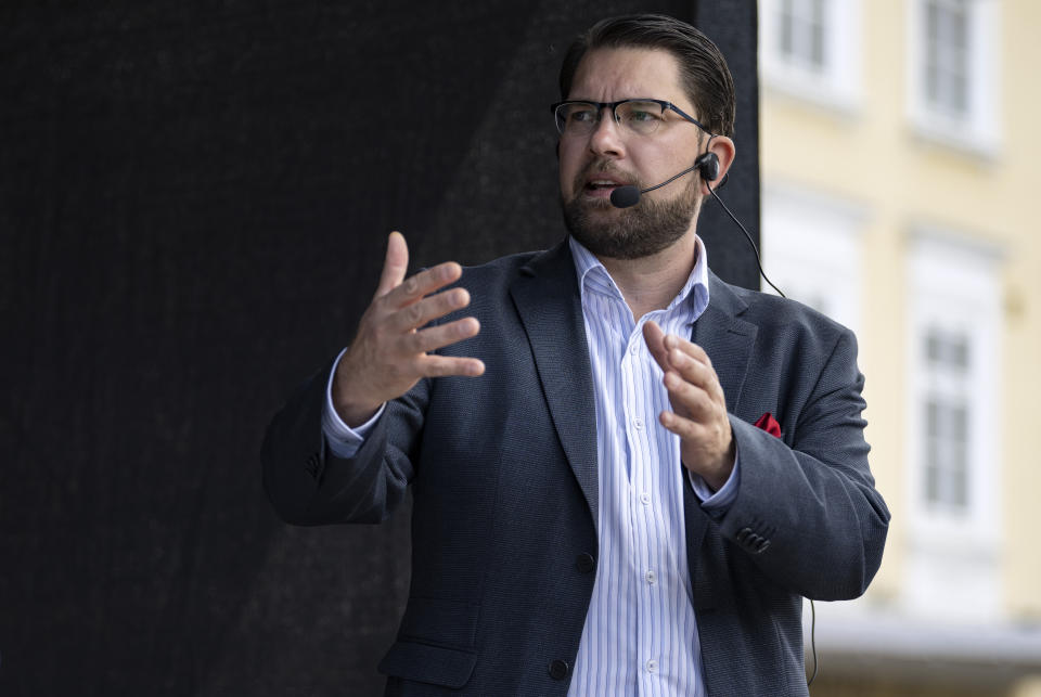 Sweden Democrats' party leader Jimmie Åkesson campaigns at Stortorget in Malmo, Sweden, Saturday, Sept. 10, 2022, the day before the election. Sweden is holding an election on Sunday to elect lawmakers to the 349-seat Riksdag as well as to local offices across the nation of 10 million people. (Johan Nilsson/TT News Agency via AP)