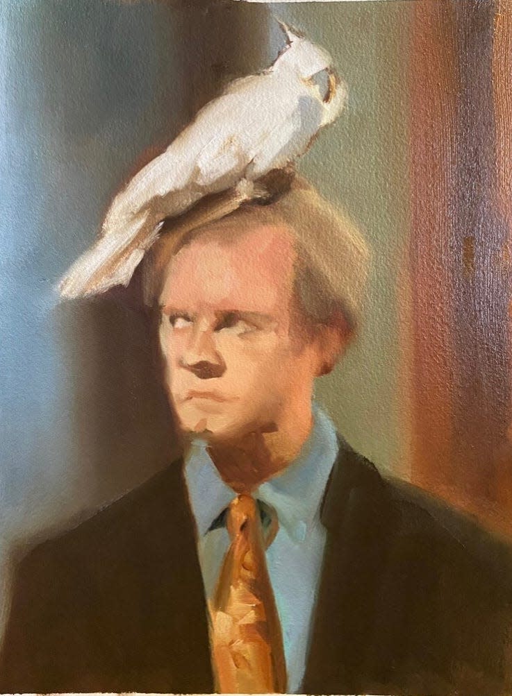 A painting by Detroit native Liz Frankland depicts a scene from long-running NBC comedy "Frasier" with a bird clenched onto actor David Hyde Pierce's head.