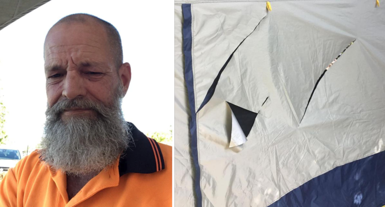 Left is an image of Brian. Right image of his slashed tent. 