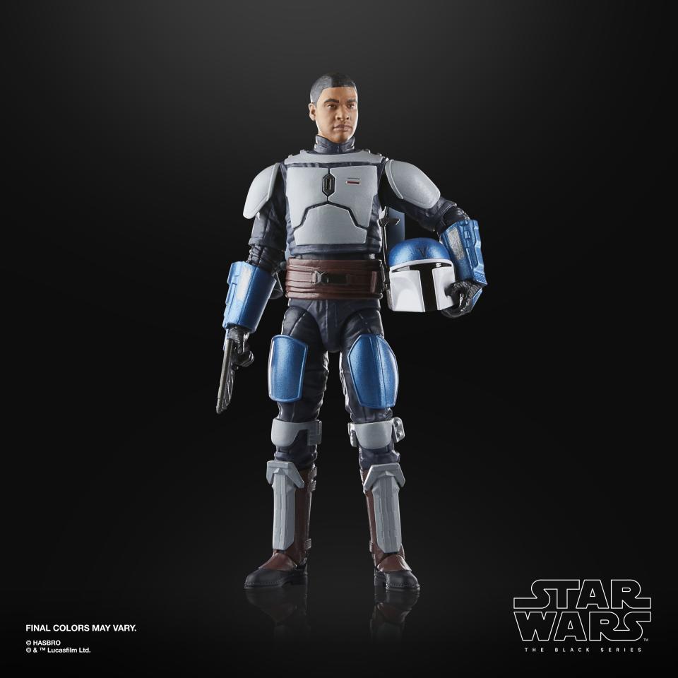 Mandalorian Fleet Commander action figure posed with accessories against a black background
