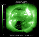 In this handout from the NOAA/National Weather Service's Space Weather Prediction Center, shows a solar flare erupting from the sun late January 23, 2012. The flare is reportedly the largest since 2005 and is expected to affect GPS systems and other communications when it reaches the Earth's magnetic field in the morning of January 24. (Photo by NOAA/National Weather Service's Space Weather Prediction Center via Getty Images)