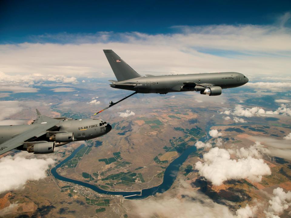 Boeing's KC-46 aerial refueling tanker conducts receiver compatibility tests with a U.S. Air Force C-17 Globemaster III from Joint Base Lewis-McChord, in Seattle