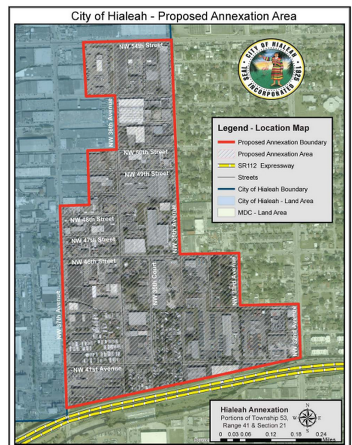 The area of Brownsville that the city of Hialeah is considering annexing. It encompasses NW 54th St. to the north, NW 37th Ave. to the west, NW 35th, 33rd, and 32nd Ave to the east and State Road 112 to the south.