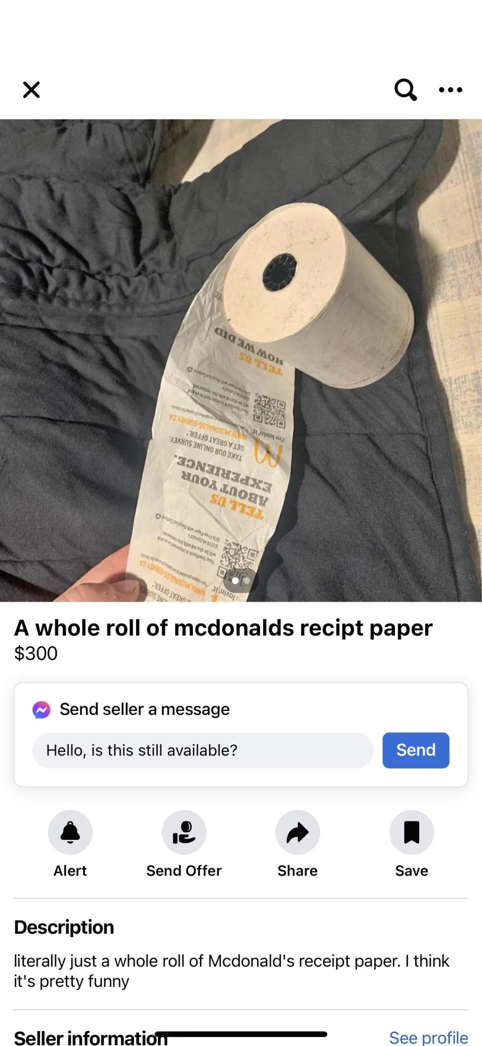 Long McDonald's receipt roll on a bed; a sale listing for $300, humorous intent