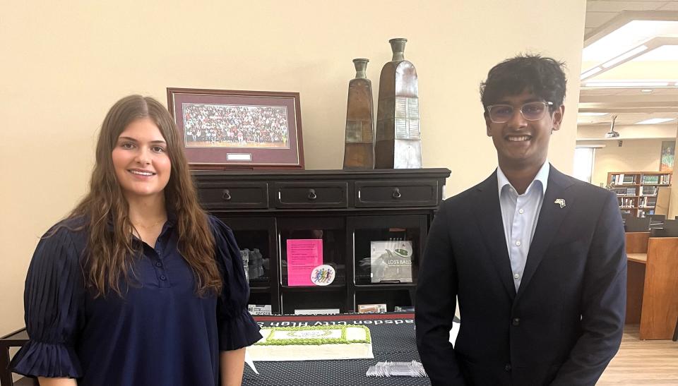 Gadsden City High School seniors Sally Whitt and Mithun Rameshkumar, both National Merit Scholarship finalists, were honored Friday, April 19, 2024, with a ceremony and reception at the school.