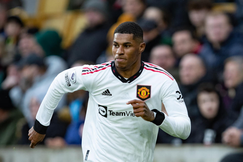 Manchester United's Marcus Rashford during the Premier League match between Wolverhampton Wanderers and Manchester United at Molineux, Wolverhampton on Saturday 31st December 2022. (Photo by Gustavo Pantano/MI News/NurPhoto via Getty Images)