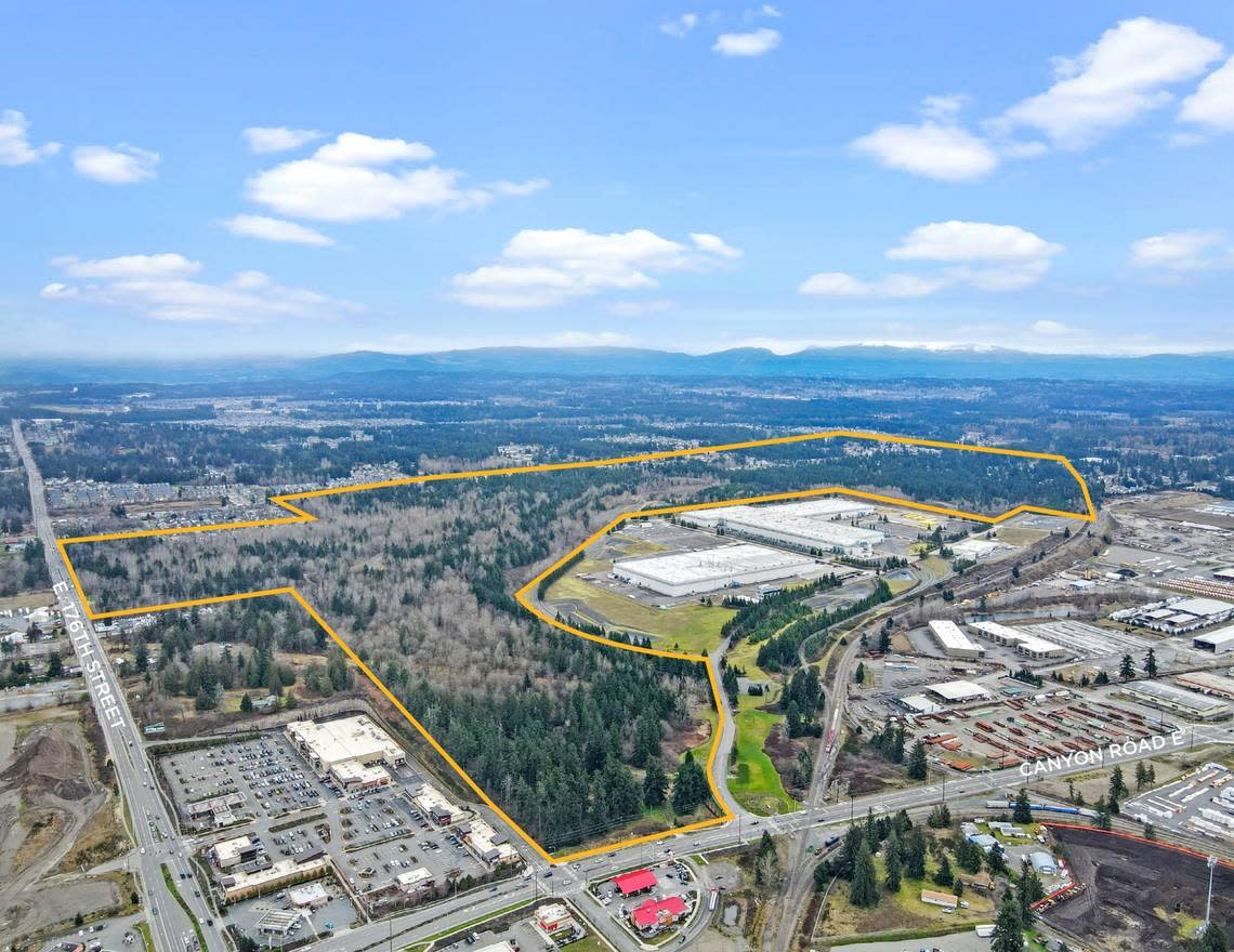 Aerial outlining the future Fred310 near the intersection of Canyon Road East and East 176th Street in Frederickson. The project is being developed by Crow Holdings Capital and commercial real estate firm Panattoni Development Co.