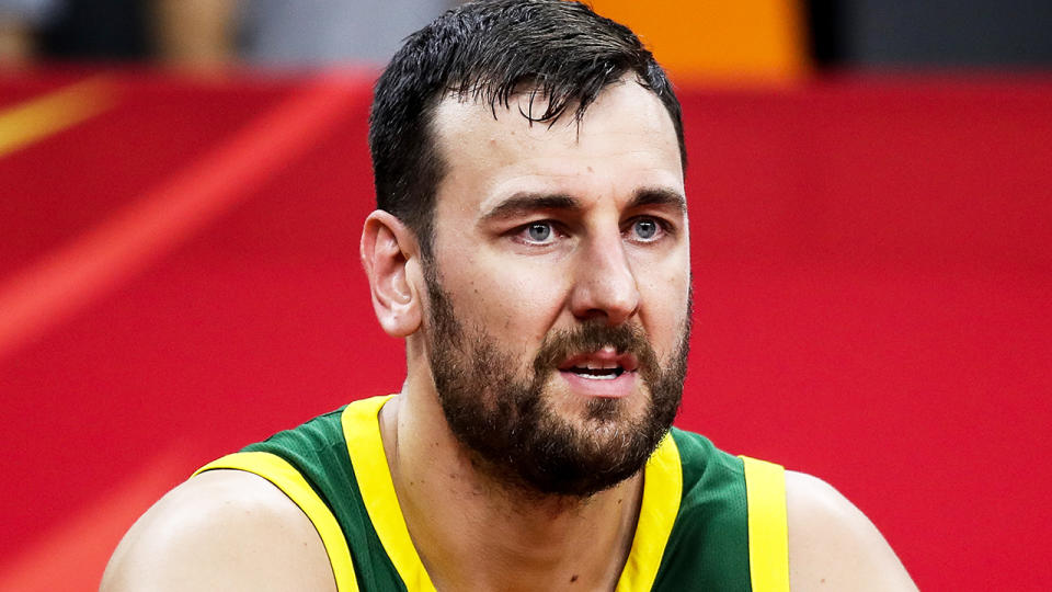 Andrew Bogut, pictured during the FIBA World Cup, was captured on video labelling FIBA a 'f***ing disgrace' after Australia's loss to Spain.