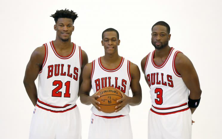 Jimmy Butler, Rajon Rondo, and Dwyane Wade in happier times. (AP)