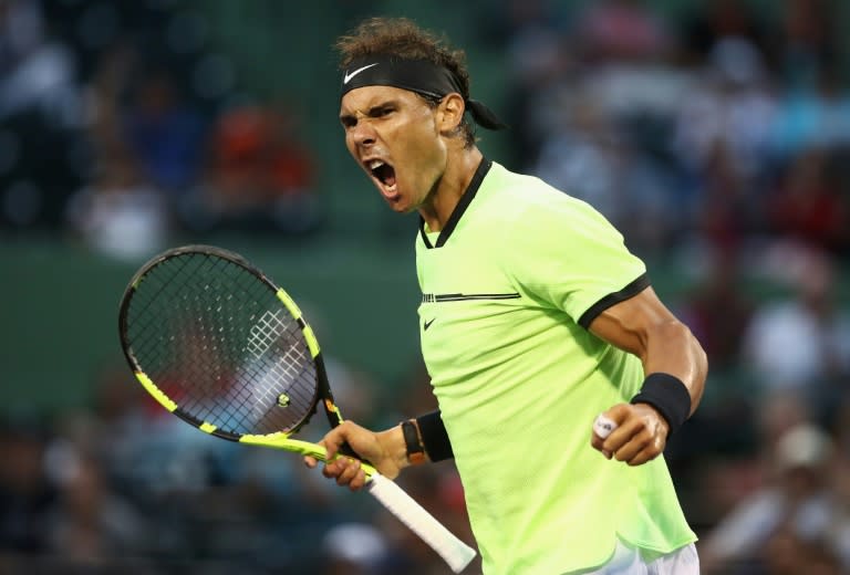 Rafael Nadal of Spain celebrates defeating Philipp Kohlschreiber of Germany, at Miami Open, on March 26, 2017