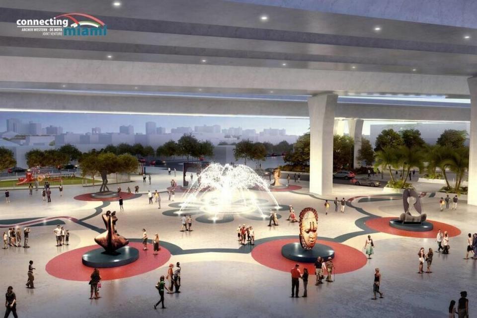 A view of an interactive fountain with African-inspired art under the western, Overtown end of the elevated new Interstate 395 expressway in the proposal by the Archer Western-The de Moya Group.