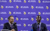 Minnesota Vikings president Mark Wilf, left, and new general manger Kwesi Adofo-Mensah speak during a press conference Thursday, Jan. 27, 2022 at TCO Performance Center in Eagan, Minn.(Carlos Gonzalez/Star Tribune via AP)