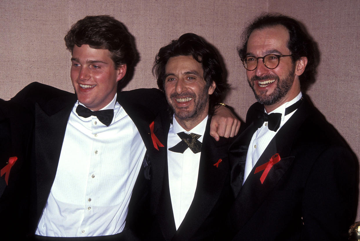 Actor Chris O'Donnell, actor Al Pacino and director Martin Brest attend the 50th Annual Golden Globe Awards on January 23, 1993 at Beverly Hilton Hotel in Beverly Hills, California. (Photo by Ron Galella, Ltd./Ron Galella Collection via Getty Images)