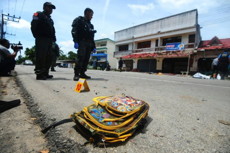 A child's backpack lies on the ground after a bomb at a school earlier in September in Thailand's restive insurgency-plagued south