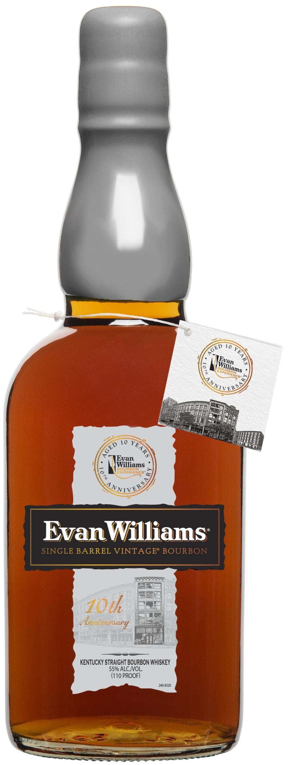 The 2013 vintage Evan Williams Bourbon Experience bourbon is bottled at 110 proof, commemorating the 10th anniversary, is hand-dipped in silver wax and features imagery of the Evan Williams Bourbon Experience on its label and tag.