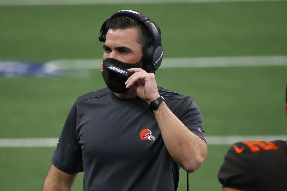 Cleveland Browns head coach Kevin Stefanski watches play against the Dallas Cowboys in the first half of an NFL football game in Arlington, Texas, Sunday, Oct. 4, 2020. (AP Photo/Michael Ainsworth)