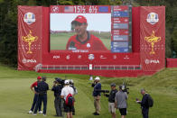 Team USA's Collin Morikawa is interviewed during a Ryder Cup singles match at the Whistling Straits Golf Course Sunday, Sept. 26, 2021, in Sheboygan, Wis. (AP Photo/Ashley Landis)