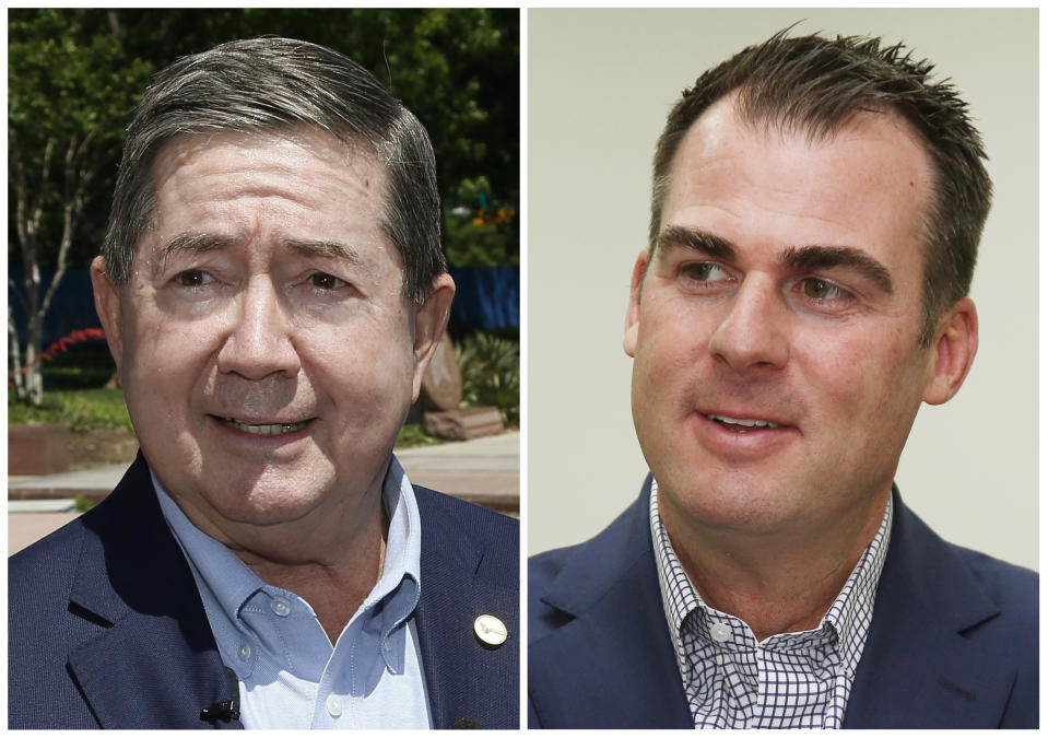 FILE - This combination of file photos shows Oklahoma gubernatorial candidates in the November 2018 election from left, Democrat Drew Edmondson and Republican Kevin Stitt. (AP Photo/Sue Ogrtocki, File)