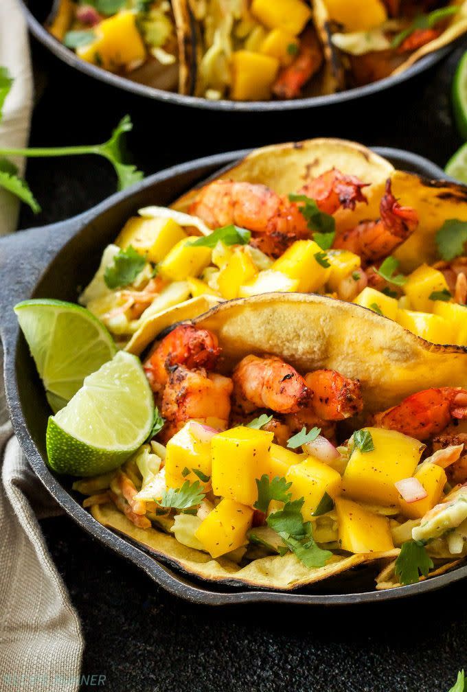 Grilled Shrimp Tacos With Avocado Slaw and Mango Salsa