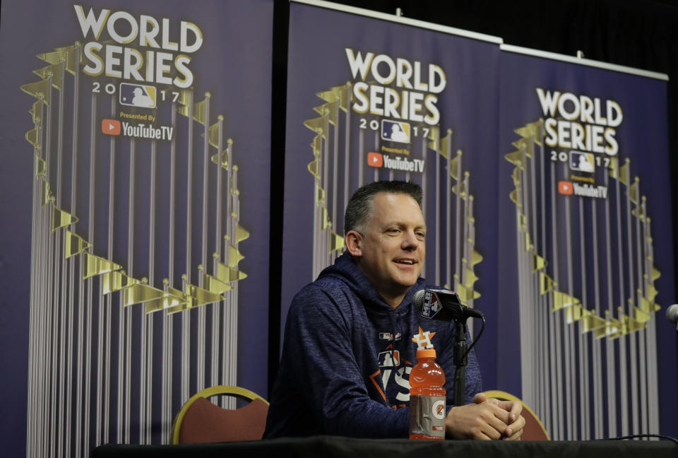 Houston Astros manager A.J. Hinch talks to the media during a World Series baseball news conference, Thursday, Oct. 26, 2017, in Houston, Texas. McCullers is set to start Game 3 against the Los Angeles Angels, Friday. (AP Photo/Eric Gay)