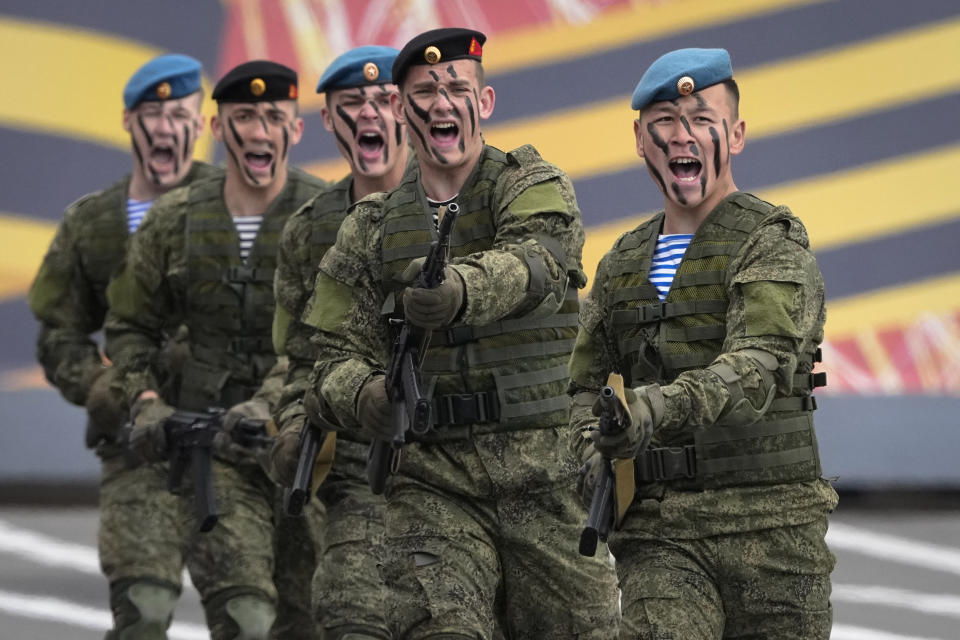 Military cadets demonstrate their skills during a rehearsal for the Victory Day military parade which will take place at Dvortsovaya (Palace) Square on May 9 to celebrate 78 years after the victory in World War II in St. Petersburg, Russia, Sunday, May 7, 2023. (AP Photo/Dmitri Lovetsky)