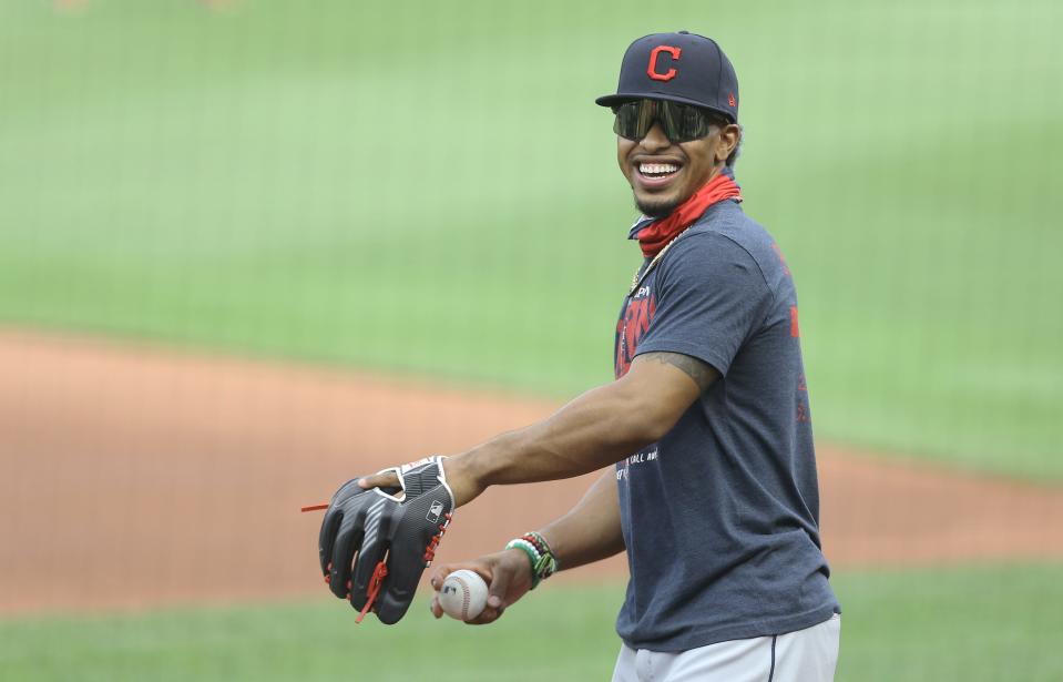 Cleveland Indians shortstop Francisco Lindor (12) plays catch before playing the Pittsburgh Pirates on Aug. 18, 2020, at PNC Park.