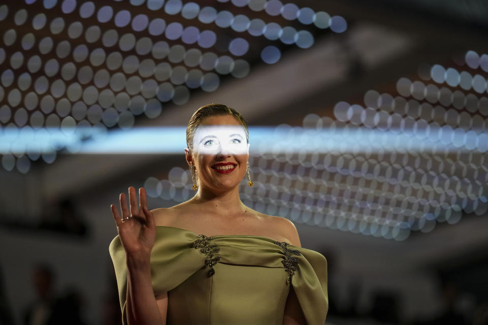 Jury president Greta Gerwig poses for photographers upon arrival at the premiere of the film 'The Shrouds' at the 77th international film festival, Cannes, southern France, Monday, May 20, 2024. (Photo by Daniel Cole/Invision/AP)