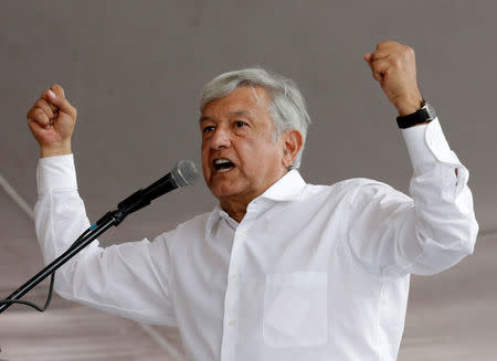 Leftist front-runner Andres Manuel Lopez Obrador of the National Regeneration Movement (MORENA) speaks during his campaign rally in Cuautitlan Izcalli, Mexico, April 13, 2018. REUTERS/Henry Romero