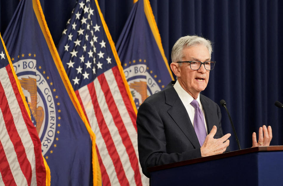 FILE PHOTO: Federal Reserve Board Chairman Jerome Powell speaks during a press conference following a closed two-day meeting of the Federal Open Market Committee on interest rate policy at the Federal Reserve in Washington, U.S., December 13, 2023. REUTERS/Kevin Lamarque/File Photo