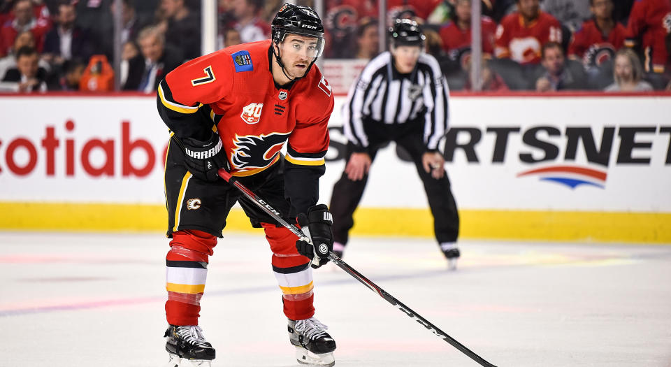 T.J. Brodie is returning to the Calgary Flames' lineup. (Photo by Brett Holmes/Icon Sportswire via Getty Images)