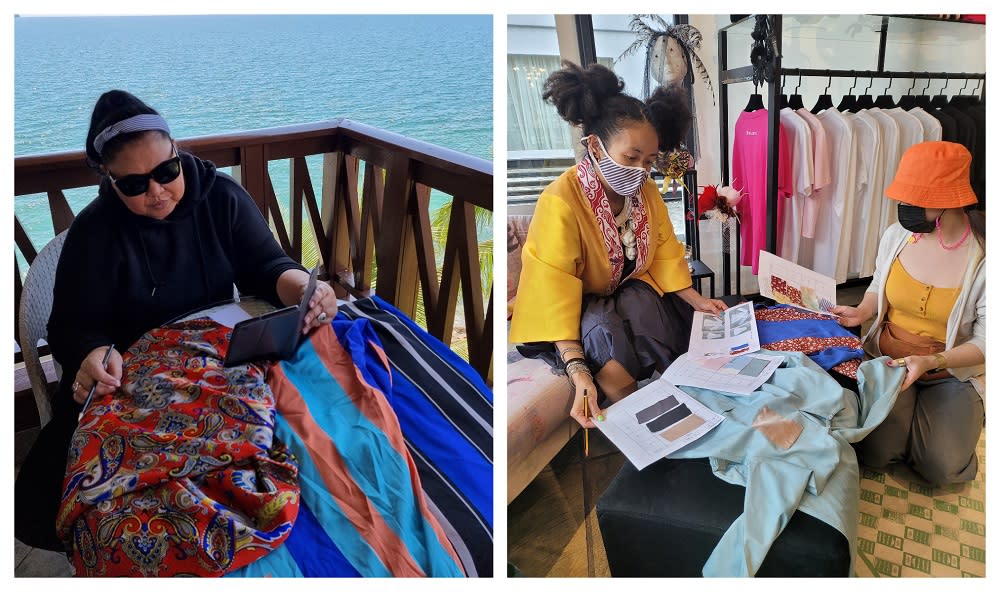 Tom (left pic) and Looi working on their designs for the children’s Raya clothes. — Pictures courtesy of Looi and Tom