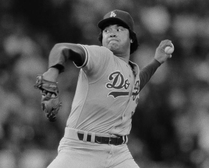 Los Angeles Dodgers' Fernando Valenzuela pitches during the Dodgers' 1- 0 win over the Philadelphia phillies.