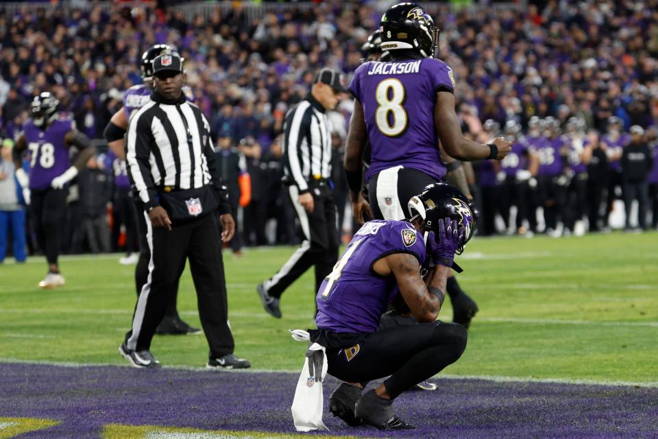 Ravens wide receiver Zay Flowers reacts after fumbling at the goal line against the Chiefs in the AFC championship game.