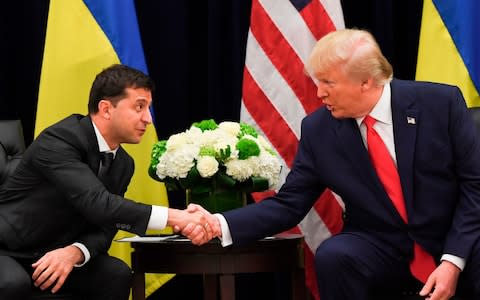 Ukrainian President Volodymyr Zelenskiy, left, meets Donald Trump in New York in September at the United Nations - Credit: SAUL LOEB / AFP