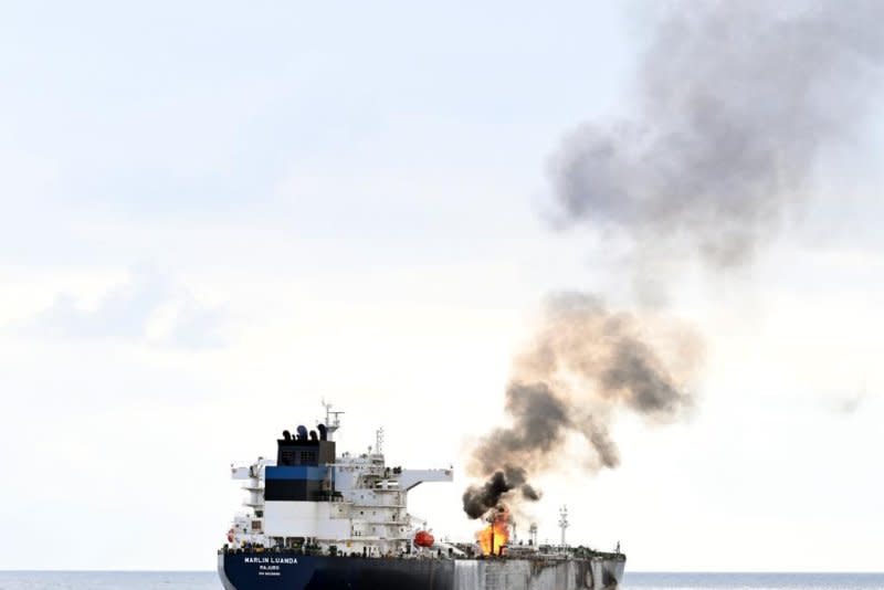 All crew members are safe and fires have been extinguished aboard the Marlin Luanda, a British oil tanker in the Gulf of Aden that was hit it with a missile by Houthi rebels, the vessel's operator confirmed Saturday. Photo courtesy of the Indian Navy/X