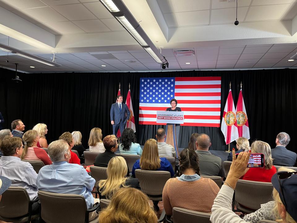 State Sen. President Kathleen Passidomo speaks at a press conference in Naples  with Gov. Ron DeSantis on Feb. 13, 2023 at Florida Southwestern State College.