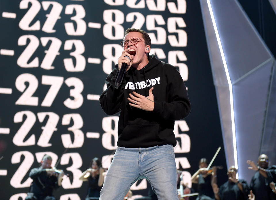 Logic performs onstage during the 2017 MTV Video Music Awards at The Forum on Aug. 27, 2017 in Inglewood, California.&nbsp;