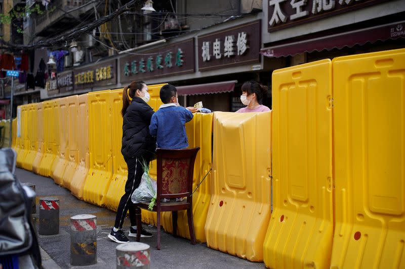 Woman pays for vegetables over barriers set up to block buildings from a street in Wuhan