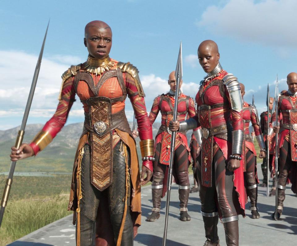 black panther, danai gurira as okoye, florence kasumba as ayo