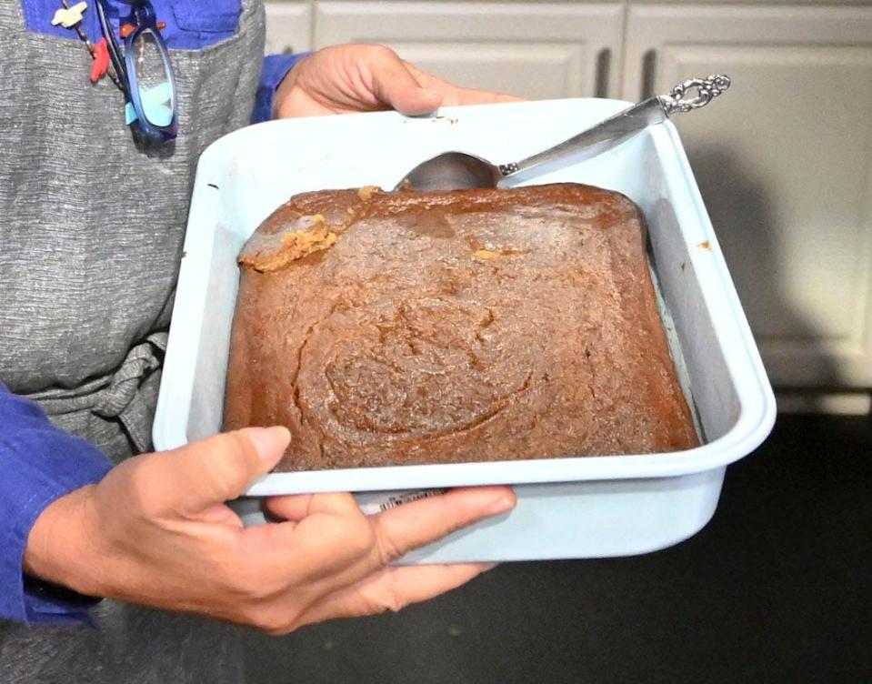 Mashpee Wampanoag Tribe member and author Angela Marcellino's Indian pudding was part of her cooking demonstration Tuesday at Falmouth Community Television.