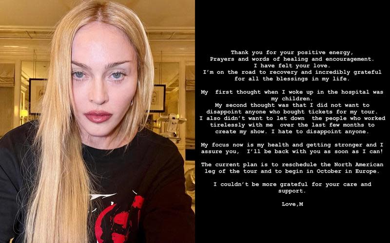 大病初癒的瑪丹娜露臉報平安，請大家靜待新的巡迴演出日期重新公告。（翻攝自Madonna官方Instagram）
