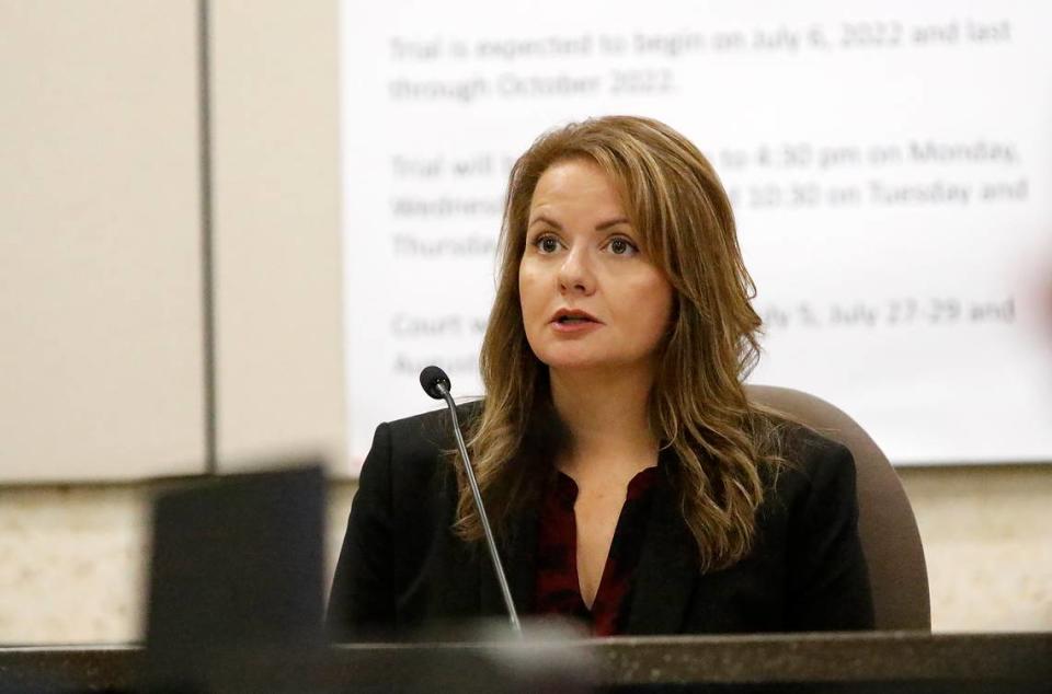 Angela Butler, a senior forensic DNA analyst with the Serological Research Institute, testifies at the Kristin Smart murder trial for Paul Flores and his father Ruben Flores at Monterey Superior Court, Salinas, California.