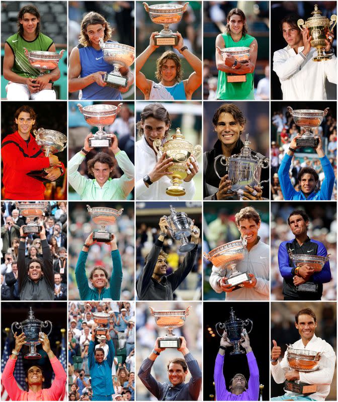 A combination picture shows Spain's Rafael Nadal holding each of his 20 Grand Slam trophies